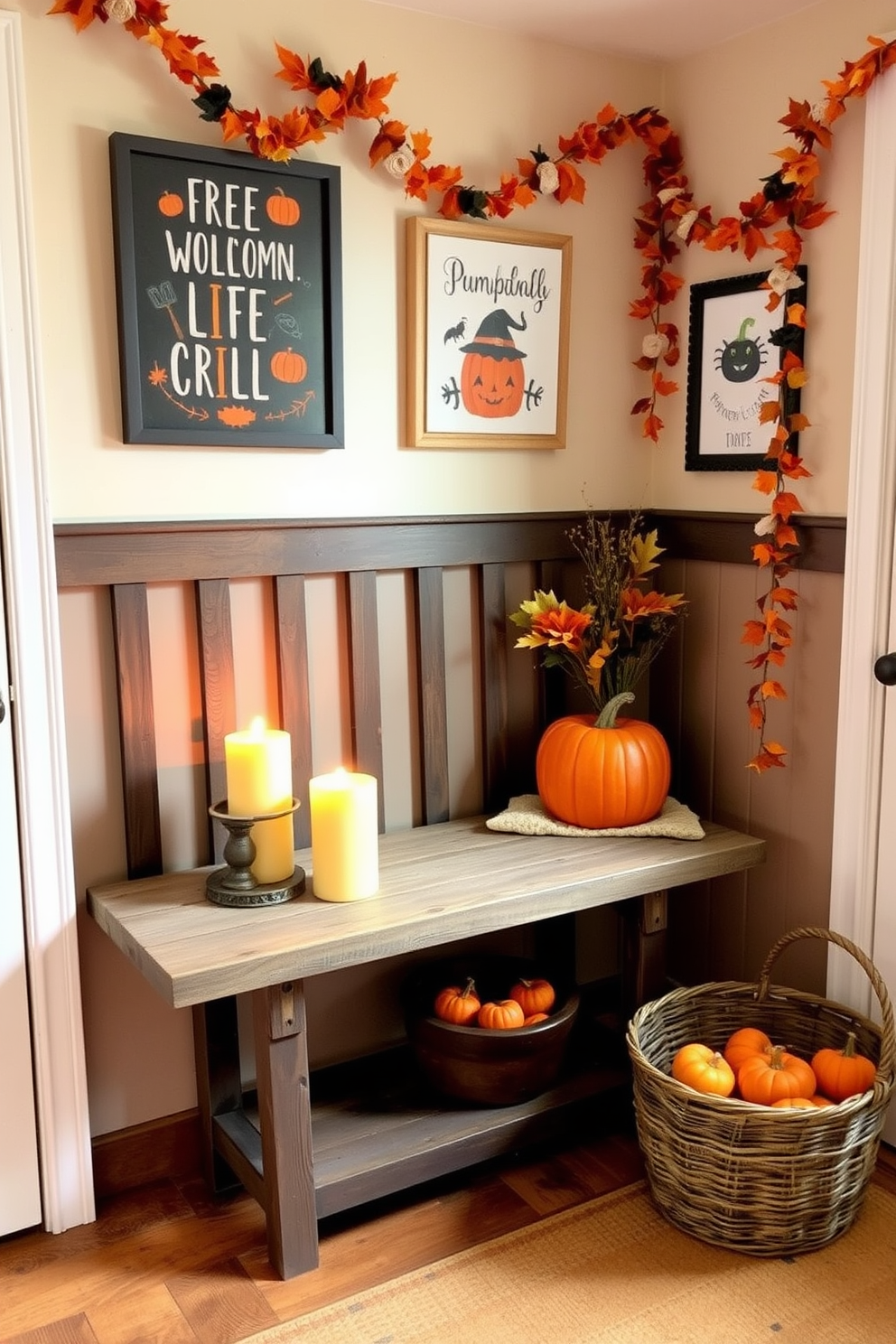 A cozy mudroom decorated for Halloween features a warm color palette with accents of orange and black. Pumpkin spice scented candles are arranged on a rustic wooden bench, creating a welcoming ambiance. The walls are adorned with playful Halloween-themed artwork and garlands of autumn leaves. A basket filled with small pumpkins sits in the corner, adding a festive touch to the space.