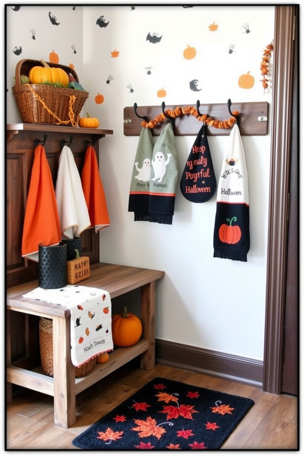 A cozy mudroom decorated for Halloween features a rustic wooden bench adorned with orange and black hand towels. The walls are decorated with playful ghost and pumpkin motifs, while a large basket holds seasonal accessories like mini pumpkins and festive garlands. The hand towels hang neatly on hooks, showcasing whimsical designs that celebrate the spirit of Halloween. A small rug with autumn colors lies at the entrance, welcoming guests with a festive touch.