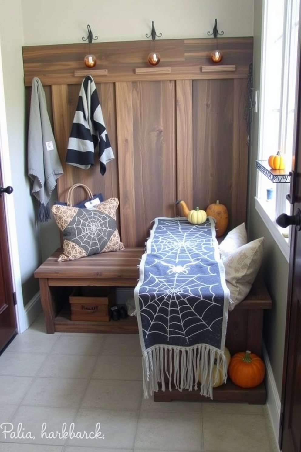 A charming mudroom featuring a rustic wooden bench adorned with a spider web table runner. The space is decorated with Halloween-themed accents, including small pumpkins and ghostly ornaments, creating a festive atmosphere.