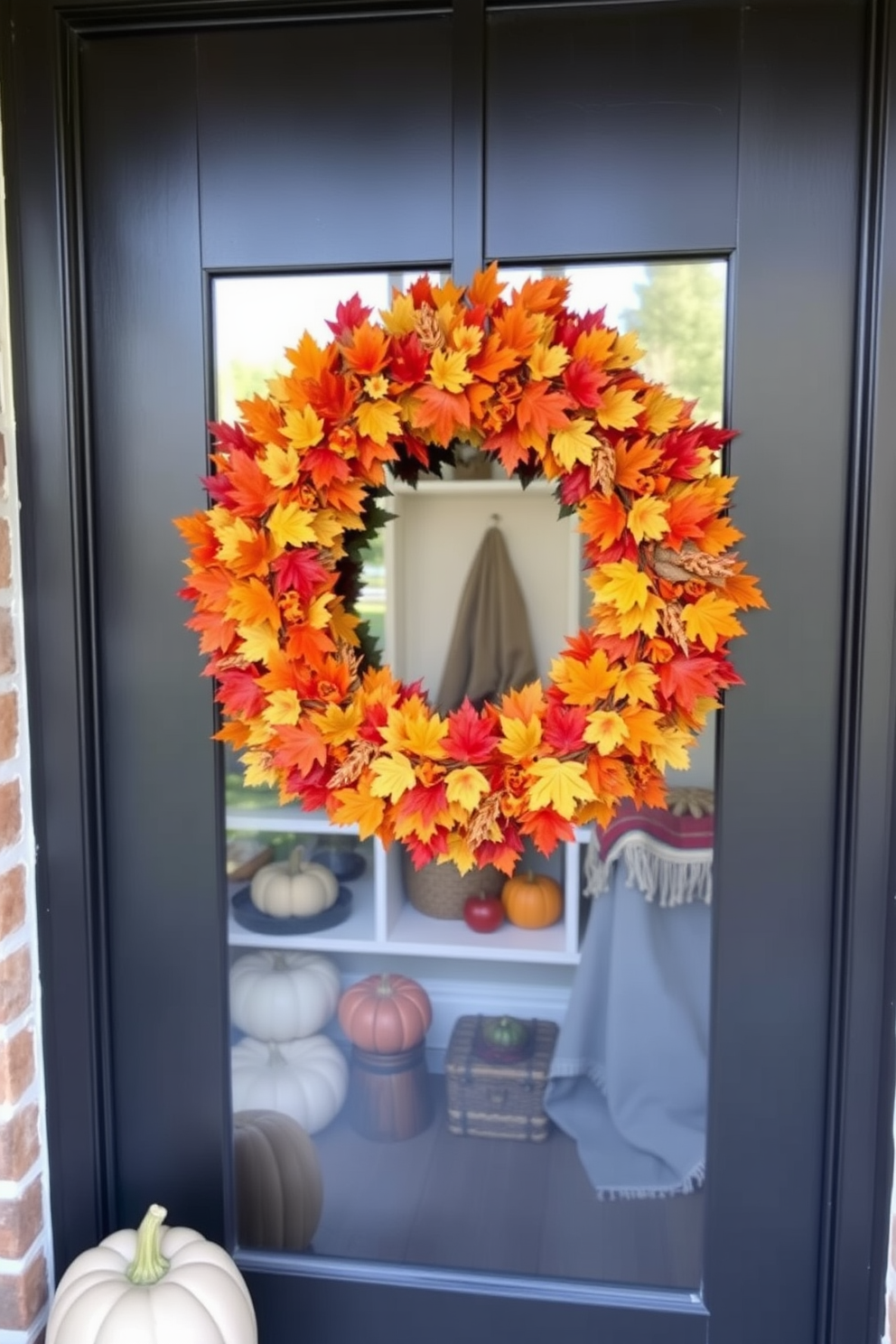 A colorful fall wreath adorns the front door, showcasing vibrant oranges, reds, and yellows that capture the essence of autumn. Inside the mudroom, decorative elements like pumpkins and cozy blankets create a warm and inviting atmosphere for the Halloween season.