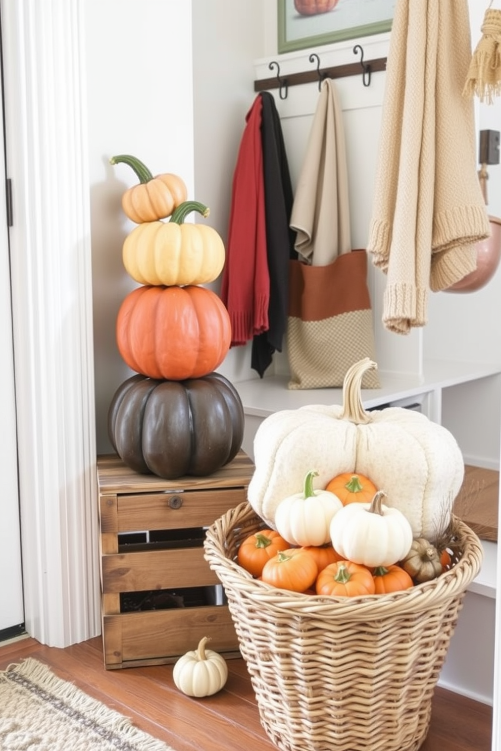 A charming decorative pumpkin stack is positioned by the entrance, creating a festive welcome for guests. The pumpkins vary in size and color, arranged artfully on a rustic wooden crate to enhance the autumnal theme. In the mudroom, cozy elements are incorporated with warm textiles and seasonal accents. A woven basket filled with small pumpkins complements the overall decor, inviting a sense of comfort and style.