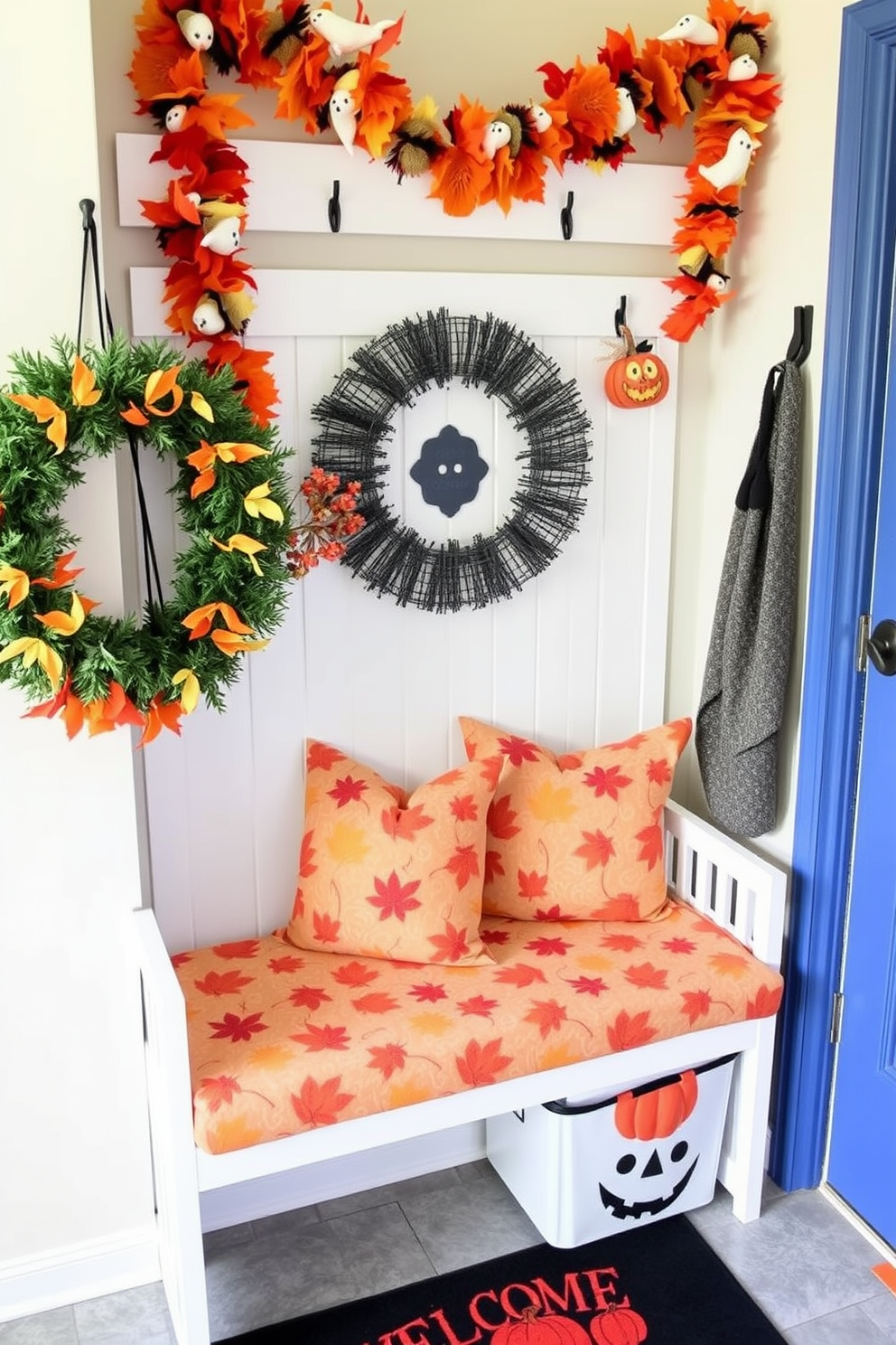 Autumn-themed fabric for bench cushions featuring warm hues of orange, red, and yellow with leaf patterns. The fabric is soft and inviting, perfect for creating a cozy atmosphere in any entryway. Halloween mudroom decorating ideas include a playful arrangement of spooky decorations such as ghostly garlands and pumpkin accents. Incorporate functional elements like a seasonal welcome mat and themed storage bins for a festive yet organized space.