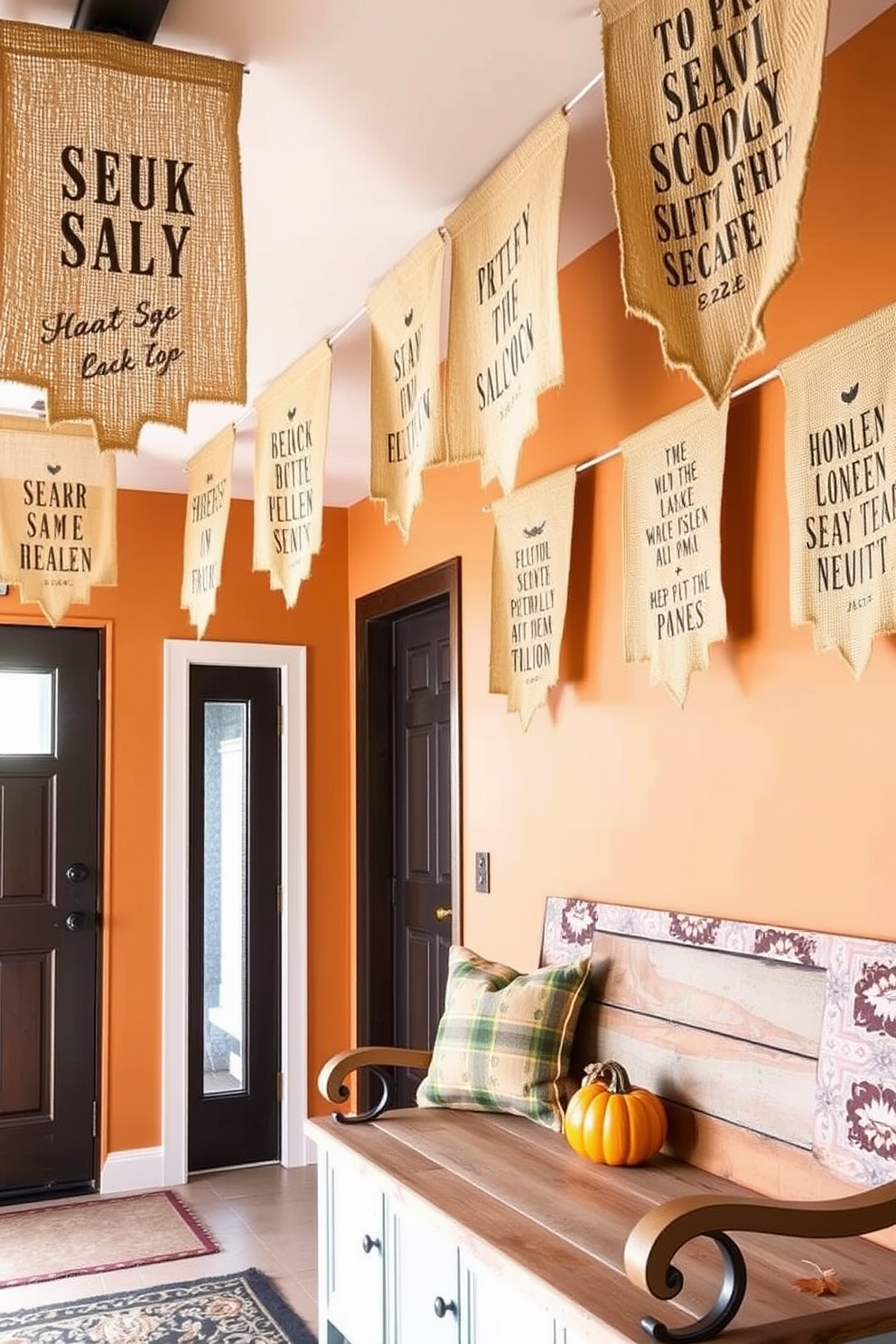 Burlap banners hang from the ceiling in the mudroom, each adorned with spooky phrases that set a festive tone for Halloween. The walls are painted in a warm orange hue, and a rustic bench is placed against one side, decorated with small pumpkins and autumn leaves.