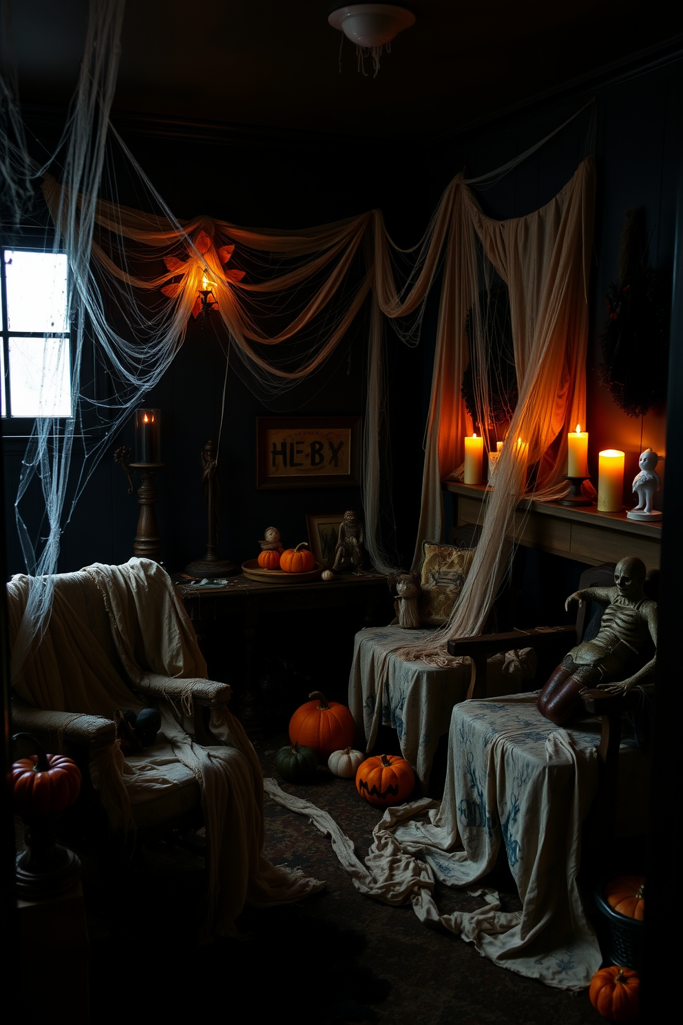 A spooky mudroom setting featuring furniture draped in tattered cloth to create an eerie atmosphere. Cobwebs adorn the corners, and flickering candlelight casts shadows, enhancing the Halloween theme. The walls are painted in deep, dark colors to evoke a sense of mystery. Seasonal decorations like pumpkins and ghostly figures are scattered throughout, adding to the festive yet creepy vibe.