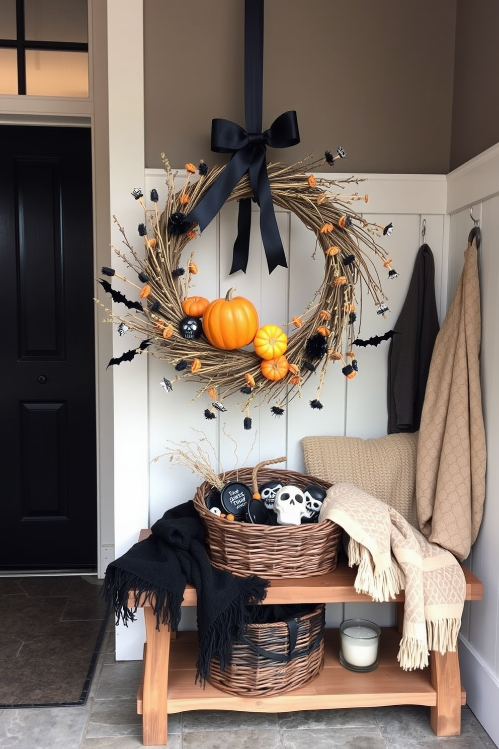 A seasonal wreath adorned with witchy accents hangs on the mudroom door, featuring black and orange elements intertwined with dried herbs and miniature pumpkins. Inside the mudroom, a rustic bench is decorated with cozy blankets and a basket filled with spooky-themed accessories, creating a warm yet eerie atmosphere.