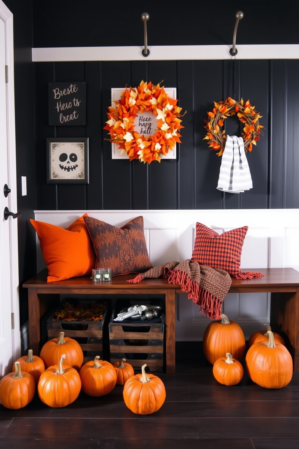 A stylish mudroom decorated for Halloween features a striking black and orange color scheme. The walls are painted in a deep black, while vibrant orange accents are added through decorative pillows and a cozy throw blanket on a wooden bench. A collection of carved pumpkins is arranged on the floor, complemented by spooky wall art and a wreath made of autumn leaves. The space is illuminated by warm lighting, creating an inviting yet festive atmosphere perfect for the season.