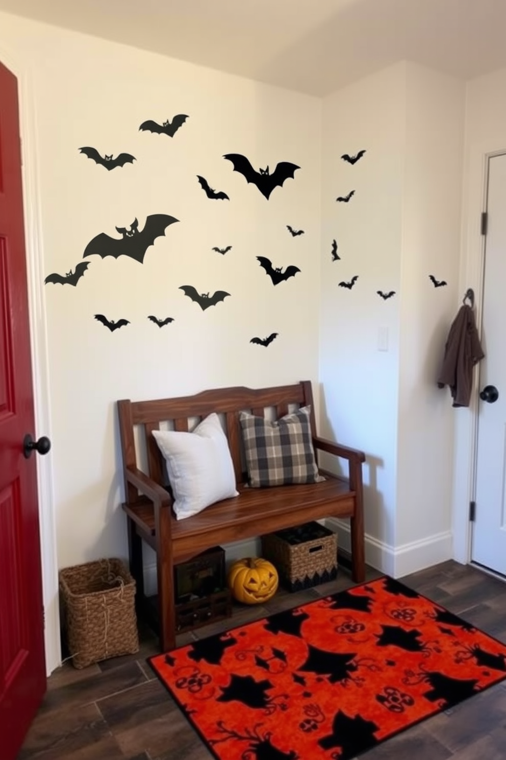 Create a cozy mudroom decorated for Halloween. The walls are adorned with spooky silhouette decals featuring bats and ghosts, adding a festive touch to the space. Incorporate a rustic wooden bench with plush cushions for seating. Add a vibrant orange and black area rug on the floor to enhance the seasonal theme.