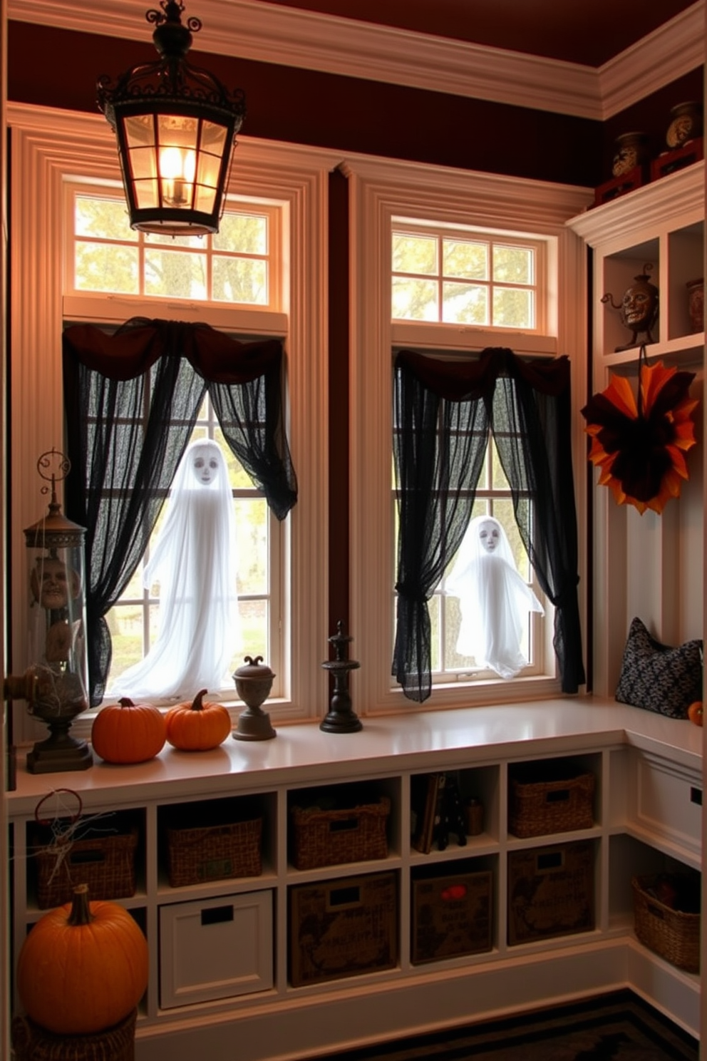 A spooky yet elegant mudroom decorated for Halloween features ghostly figures subtly integrated into the window displays. The space is adorned with autumnal colors, incorporating pumpkins and cobwebs alongside functional storage solutions.