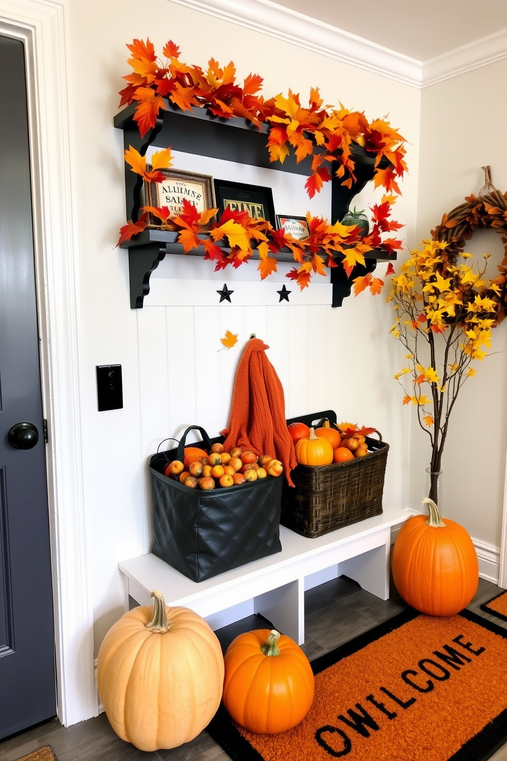 A cozy mudroom decorated for Halloween features shelves adorned with vibrant autumn leaves in shades of orange, red, and yellow. Pumpkins of various sizes sit on the floor alongside a welcome mat, creating an inviting and festive atmosphere.