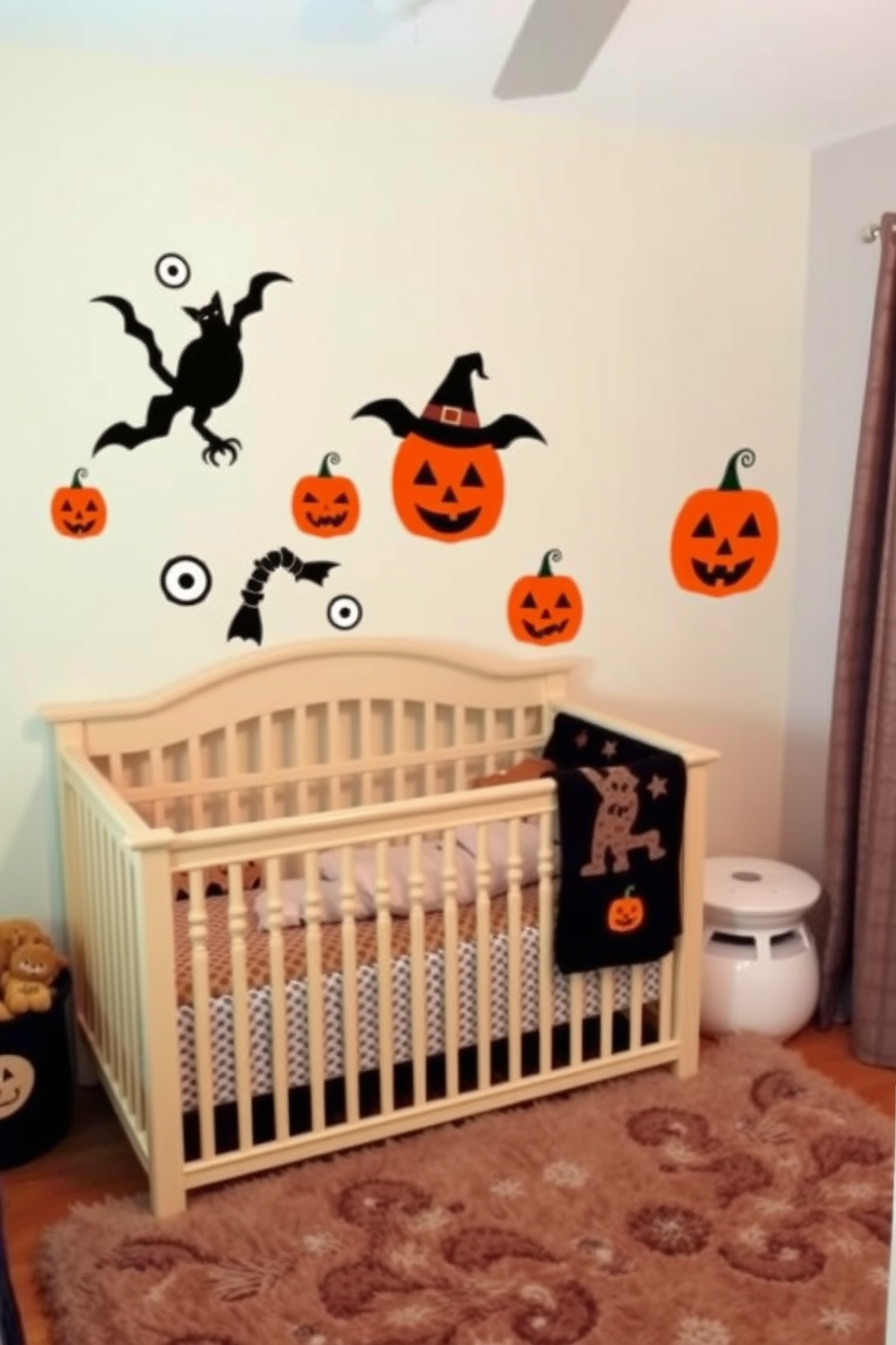 Create a whimsical Halloween nursery featuring spooky pumpkin wall decals that add a playful touch to the room. The walls are painted in soft pastel colors, and the floor is covered with a plush area rug to create a cozy atmosphere.