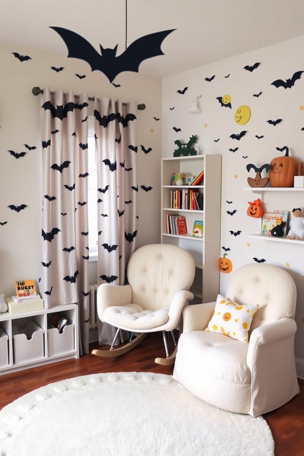 A whimsical nursery featuring bat and moon themed curtains that flutter gently in the breeze. The walls are painted in soft pastels, adorned with playful Halloween motifs like friendly ghosts and smiling pumpkins. Cozy and inviting, the room includes a plush rocking chair in the corner, surrounded by shelves filled with storybooks. A soft area rug in the shape of a crescent moon provides a perfect play area for little ones.