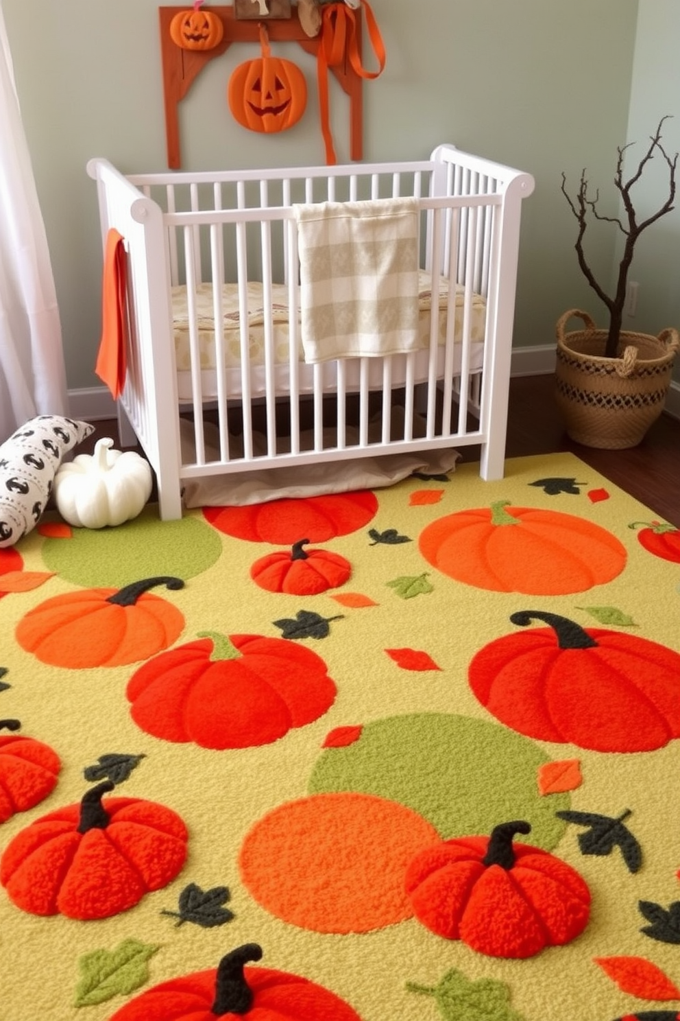 A whimsical nursery featuring a pumpkin patch area rug with vibrant orange and green hues. The rug is adorned with playful pumpkins and autumn leaves, creating a cozy atmosphere perfect for Halloween-themed decor.