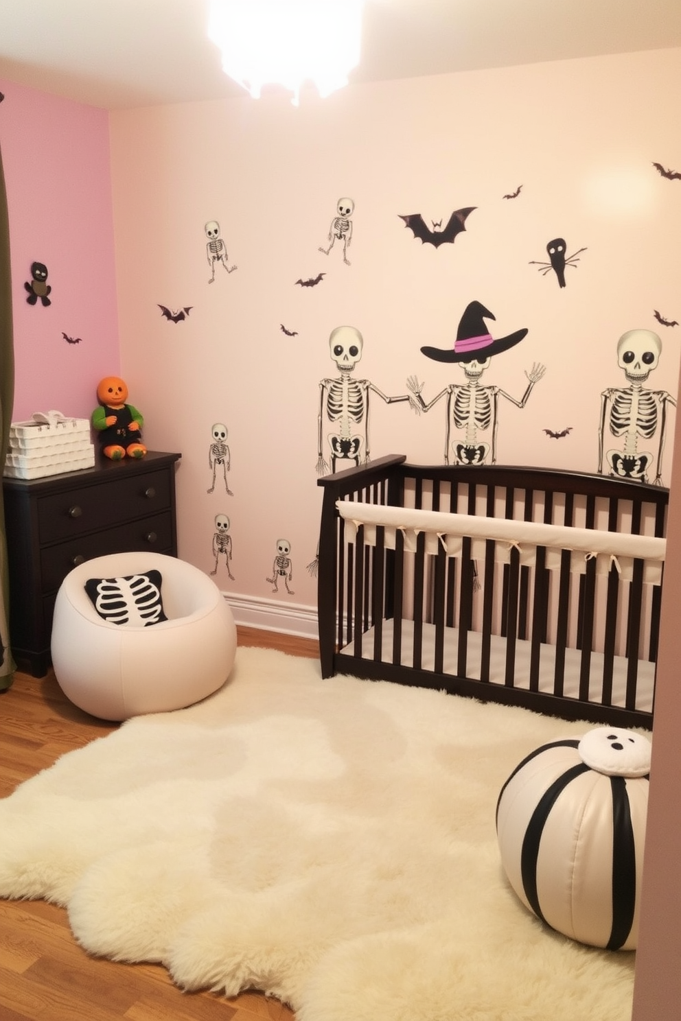 Create a whimsical nursery setting adorned with friendly skeleton wall stickers that bring a playful Halloween theme to life. The walls are painted in soft pastel colors, and the floor is covered with a cozy, plush rug to enhance the inviting atmosphere.