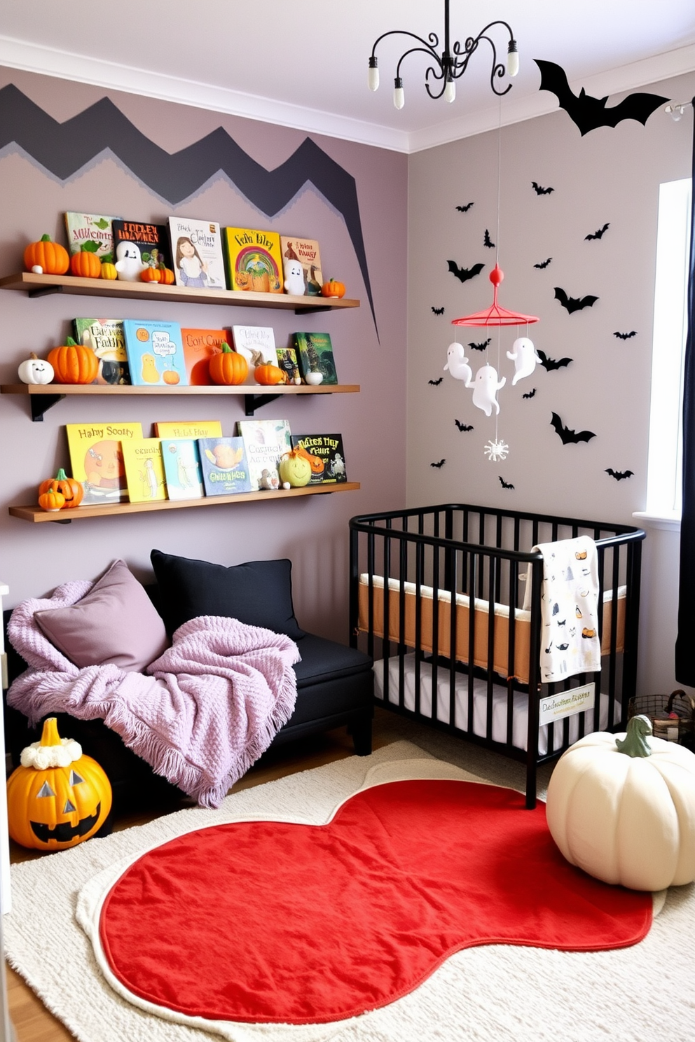 A whimsical Halloween storybook corner setup features a cozy reading nook adorned with plush cushions and a soft, oversized blanket. Shelves filled with colorful Halloween-themed storybooks are accented by miniature pumpkins and friendly ghost decorations. For Halloween nursery decorating ideas, the walls are painted in soft pastel shades with playful ghost and pumpkin decals. A mobile featuring bats and spiders hangs above a crib, while a cozy rug in the shape of a pumpkin adds warmth to the space.