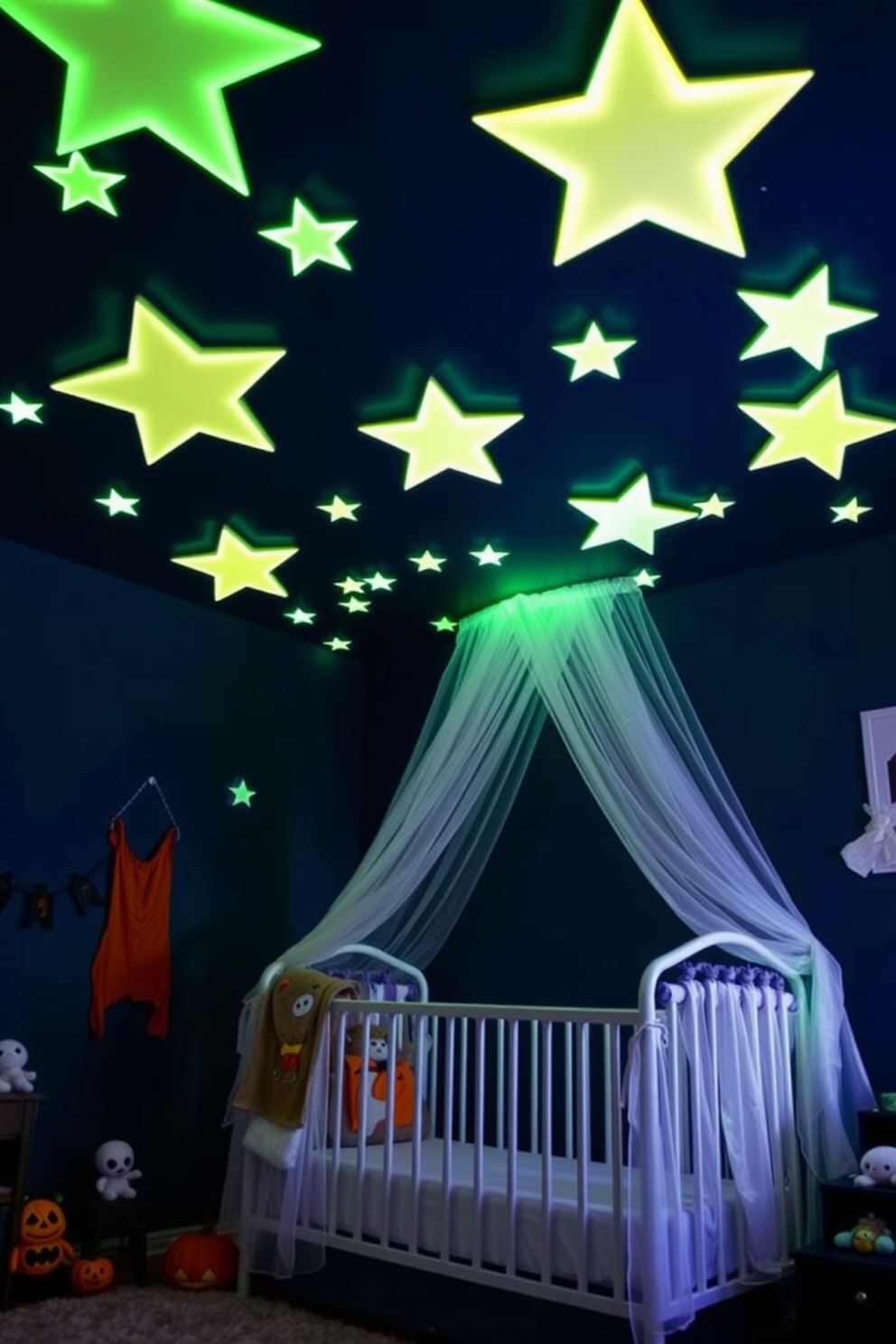 Eerie glow-in-the-dark stars adorn the ceiling of a whimsical nursery, casting a soft luminescent light throughout the room. The walls are painted in a deep navy blue, creating a perfect backdrop for the glowing stars and adding a touch of Halloween magic to the space. A cozy crib is positioned under the celestial display, draped with sheer white curtains that flutter gently in the breeze. Plush toys and Halloween-themed decor, such as tiny pumpkins and friendly ghosts, are scattered around the room, enhancing the festive atmosphere.