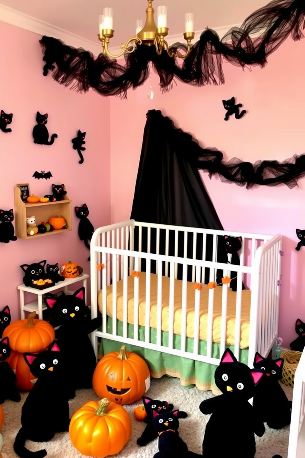 A whimsical nursery adorned with playful black cat stuffed animals scattered throughout the room. The walls are painted in soft pastel colors, and a cozy crib is positioned in the center, surrounded by Halloween-themed decorations like miniature pumpkins and ghostly garlands.