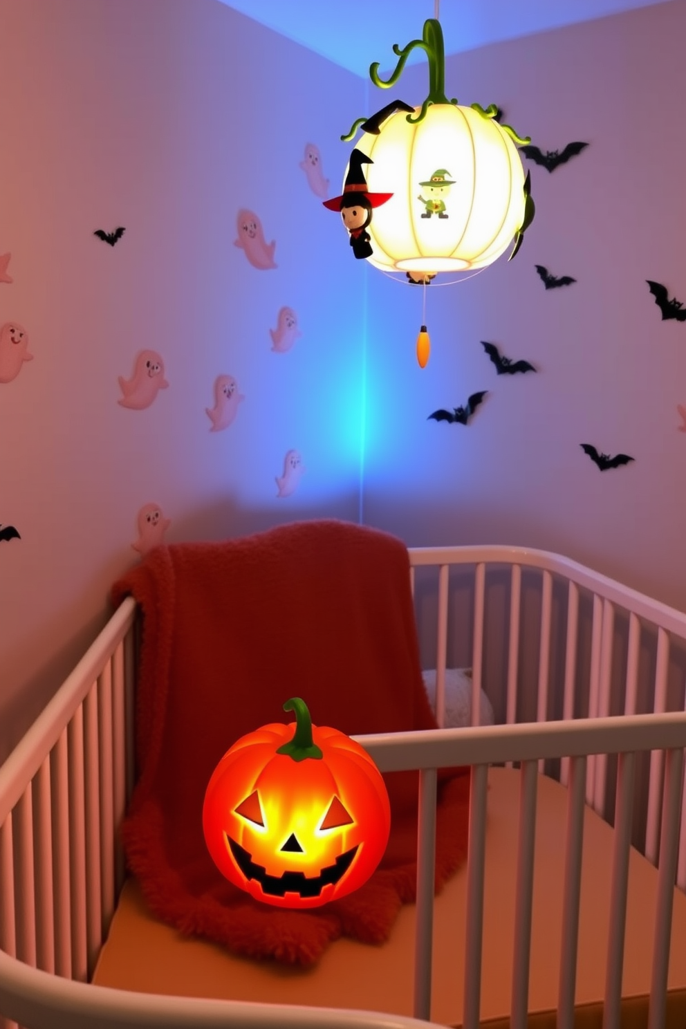 A cozy Halloween nursery featuring a soft nightlight shaped like a pumpkin. The walls are adorned with playful ghost and bat decals, and a plush blanket with autumn colors drapes over the crib. A whimsical mobile hangs above the crib, showcasing cute Halloween characters like witches and black cats. The room is softly illuminated, creating a warm and inviting atmosphere perfect for little ones.