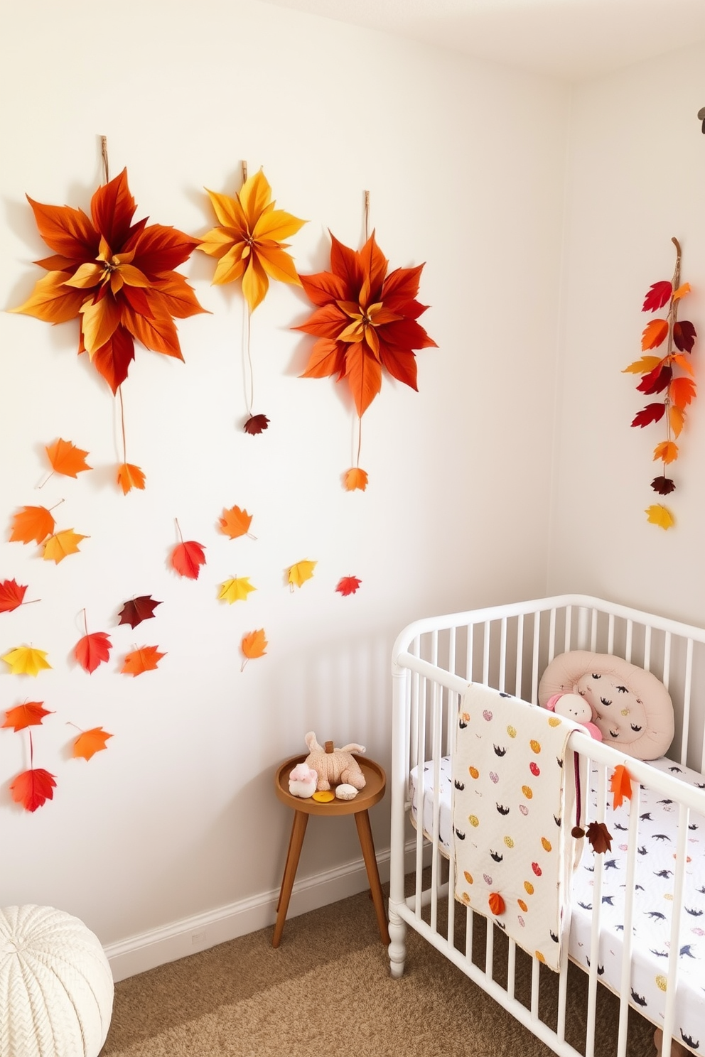 Charming autumn leaf wall hangings create a warm and inviting atmosphere in a Halloween-themed nursery. The vibrant colors of the leaves complement soft pastel tones, enhancing the cozy and playful vibe of the room.