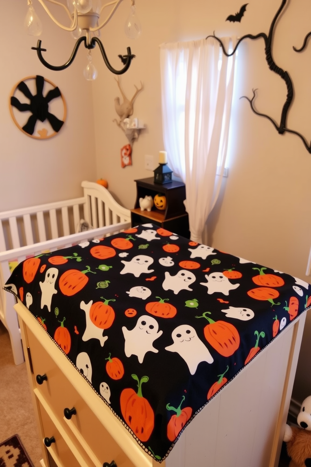 A spooky-themed changing table cover is adorned with playful ghosts and pumpkins in vibrant colors. The nursery features soft lighting and Halloween decorations, creating a whimsical atmosphere for your little one.