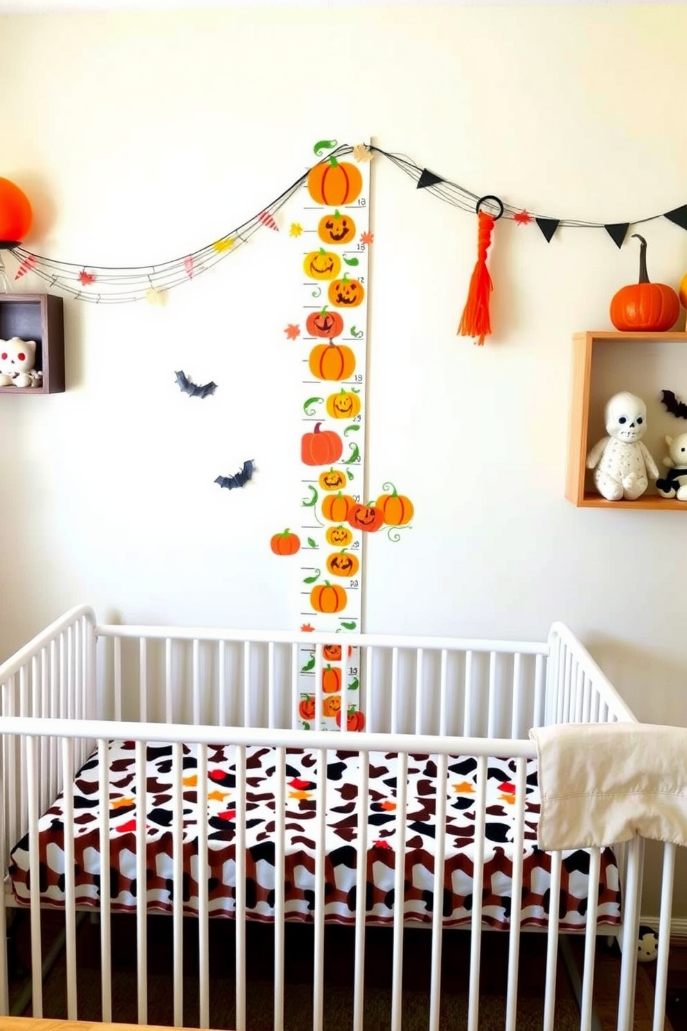 A charming nursery decorated for Halloween features a vibrant pumpkin patch growth chart on the wall. The growth chart is adorned with playful illustrations of pumpkins and autumn leaves, creating a festive atmosphere.