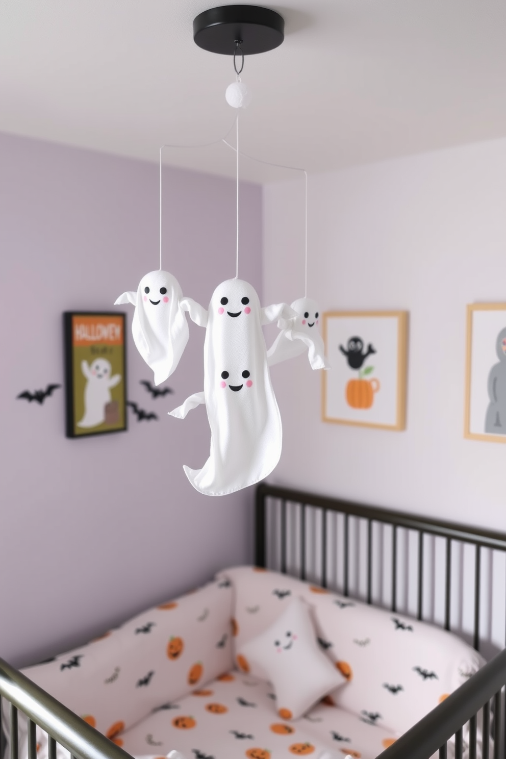 An adorable ghost mobile dangles from the ceiling, crafted from soft white fabric and featuring playful, smiling faces. The nursery is decorated in pastel colors, with a cozy crib adorned with ghost-themed bedding and whimsical wall art that complements the Halloween theme.