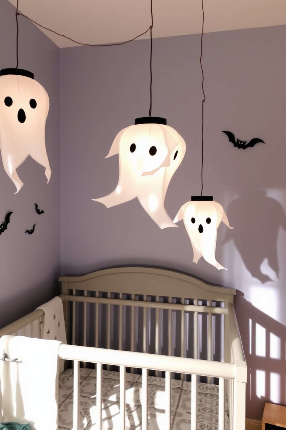 A whimsical nursery decorated for Halloween features ghost lanterns that softly illuminate the space. The lanterns are made of light fabric, floating gently from the ceiling, casting playful shadows on the walls.