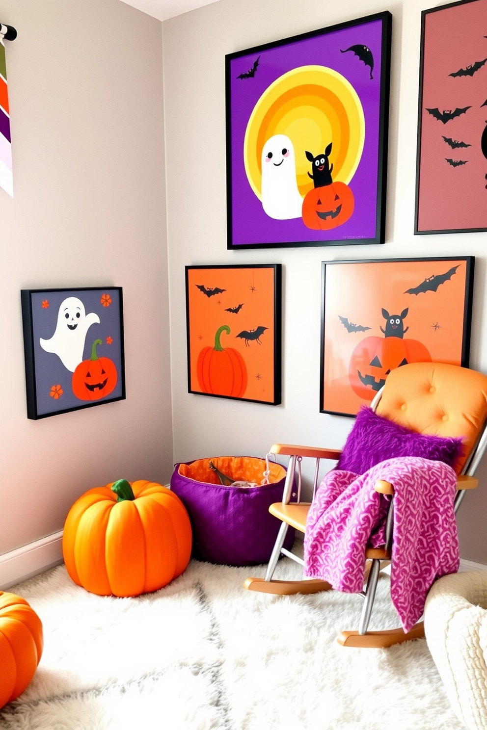 Vibrant Halloween-themed art prints adorn the walls of a cozy nursery. The prints feature playful ghosts, cheerful pumpkins, and whimsical bats, all in bright colors to create a festive atmosphere. Soft, plush furnishings in shades of orange and purple complement the artwork. A comfortable rocking chair sits in the corner, surrounded by fluffy cushions and a warm, inviting blanket.