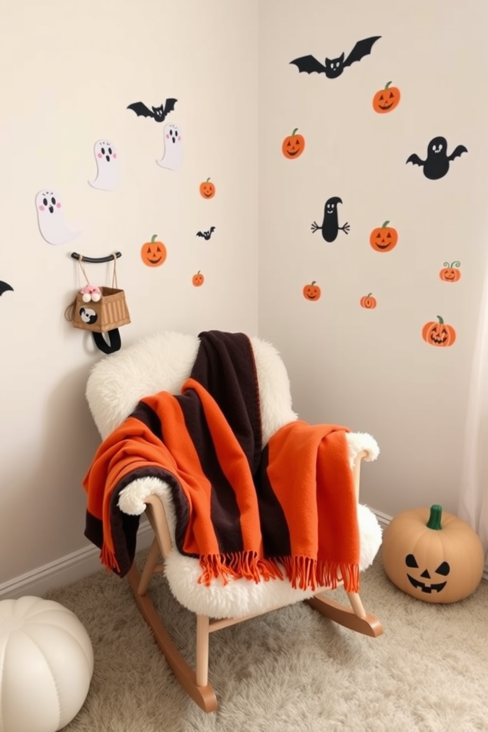 A cozy nursery decorated for Halloween features soft orange and black blankets draped over a plush rocking chair. The walls are adorned with playful ghost and pumpkin decals, creating a whimsical atmosphere perfect for little ones.