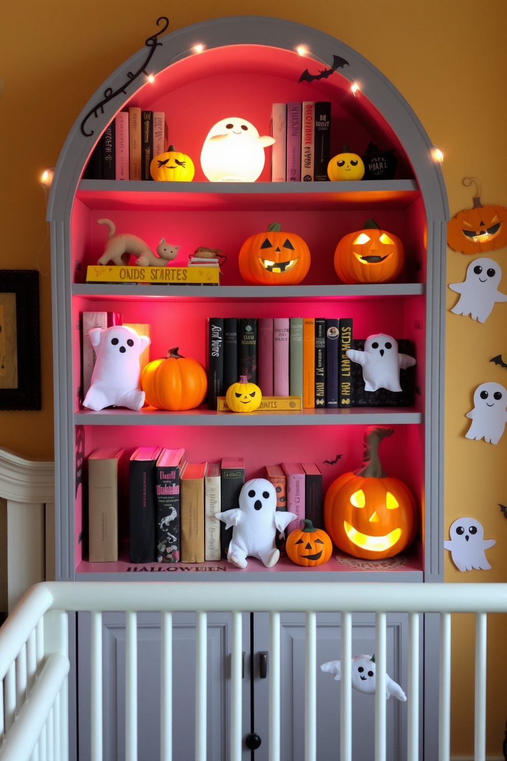 A whimsical Halloween-themed bookshelf filled with colorful pumpkins and playful ghosts. The shelves are adorned with spooky books, and soft, glowing lights create a cozy atmosphere. Charming Halloween nursery decor featuring soft pastel colors and playful motifs. Adorn the walls with cute ghost and pumpkin decals, and use plush toys to create a festive yet comforting space.