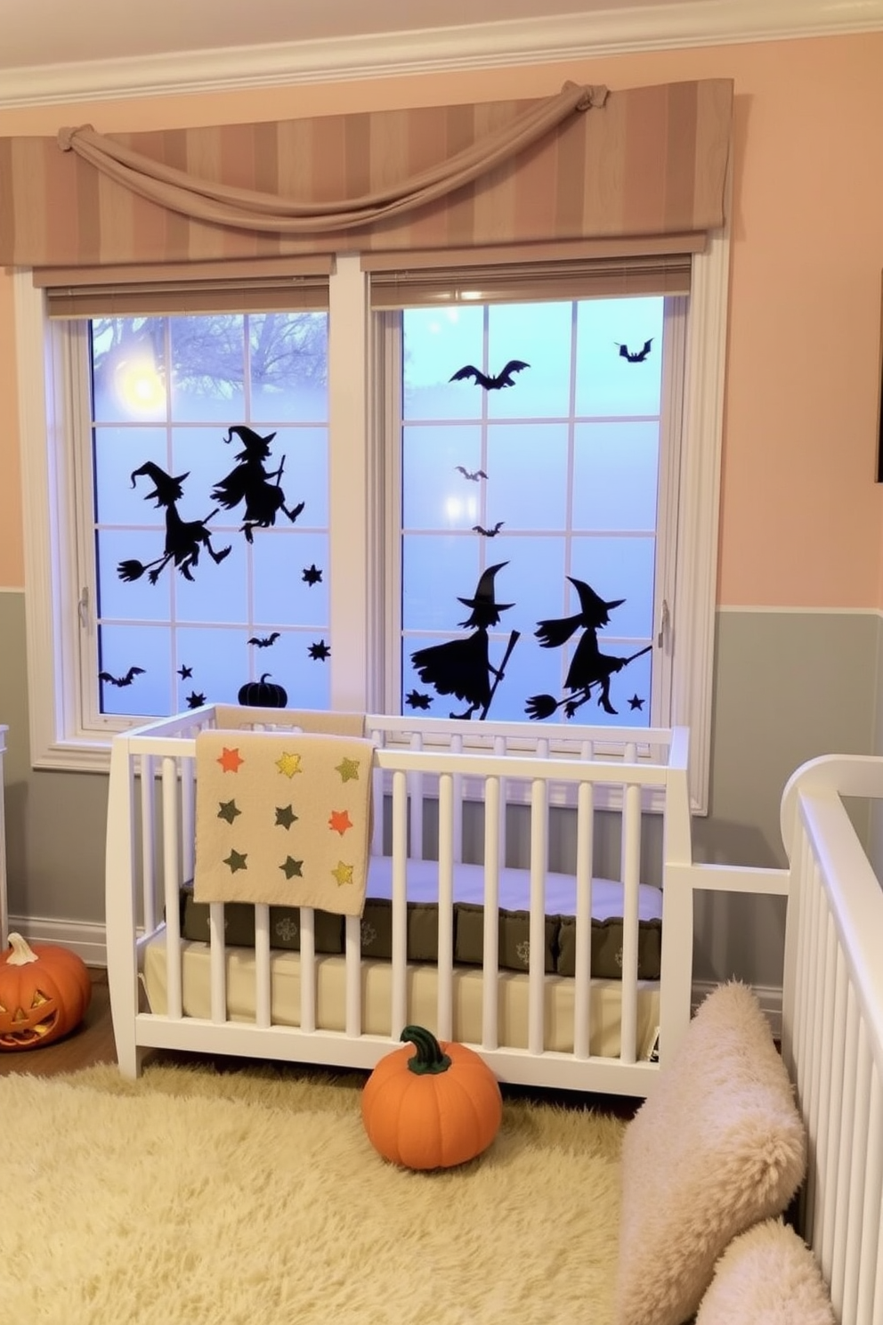 A charming nursery decorated for Halloween features window clings of whimsical witch silhouettes casting playful shadows. Soft pastel colors adorn the walls while cozy, plush furnishings create a warm and inviting atmosphere for little ones.