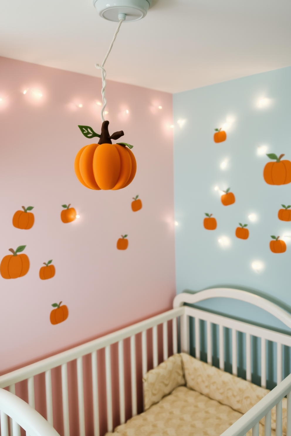 A charming nursery featuring a pumpkin-themed mobile hanging above a cozy crib. The walls are painted in soft pastel colors, adorned with playful pumpkin decals and twinkling fairy lights.