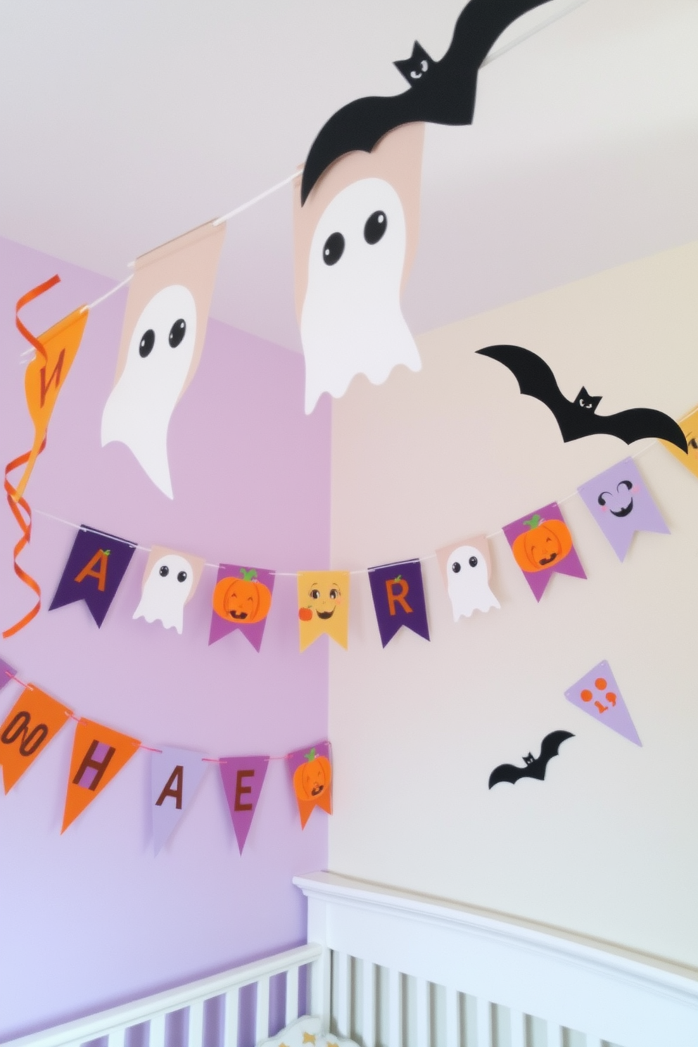 Create a whimsical Halloween nursery decorated with colorful wall banners featuring playful ghosts, pumpkins, and bats. The walls are painted in soft pastel shades, and the banners hang cheerfully from the ceiling, adding a festive touch to the space.