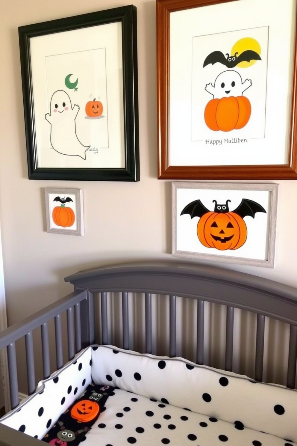 Cute spooky-themed picture frames adorn the walls of a charming nursery. Each frame features playful illustrations of friendly ghosts, smiling pumpkins, and whimsical bats, creating a delightful Halloween atmosphere.