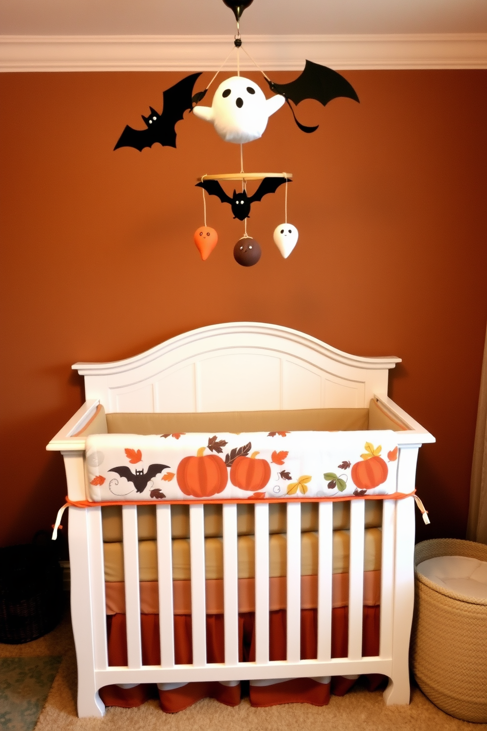 Charming fall-themed nursery with a cozy crib featuring a soft bumper adorned with pumpkins and autumn leaves. The walls are painted in warm earthy tones, and a whimsical mobile hangs above, showcasing playful bats and friendly ghosts.