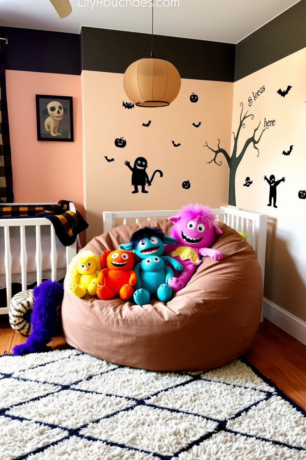 A whimsical nursery setting designed for Halloween. The room features friendly monster plush toys in vibrant colors, arranged playfully on a cozy, oversized bean bag chair. Soft, pastel wall colors create a warm atmosphere, while Halloween-themed wall decals add a touch of festive charm. A plush area rug with a fun pattern anchors the space, inviting little ones to play and explore.