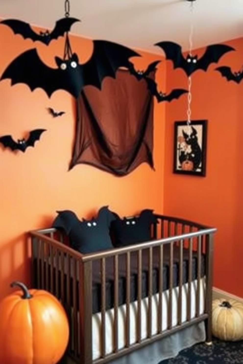 A cozy Halloween-themed nursery featuring a crib adorned with soft bat-shaped pillows. The walls are painted in a warm, muted orange, and whimsical bat decorations hang from the ceiling, creating a playful atmosphere.