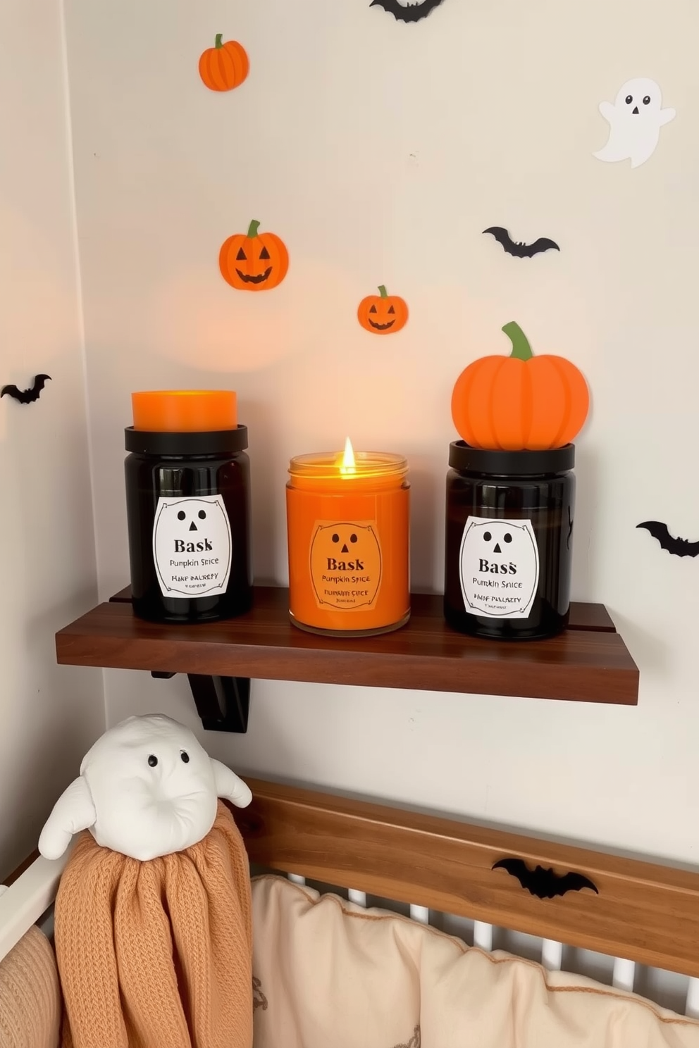 A cozy nursery decorated for Halloween featuring pumpkin spice scented candles placed on a wooden shelf. The walls are adorned with playful ghost and pumpkin decals, and a soft orange and black color scheme creates a warm atmosphere.