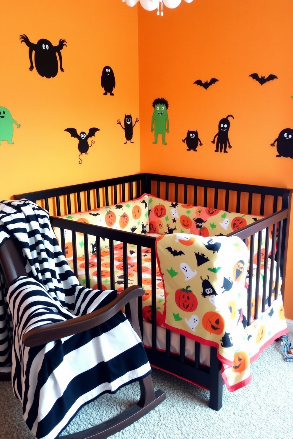 A vibrant nursery setting designed for Halloween. The crib is adorned with colorful sheets featuring playful pumpkins, ghosts, and bats, creating a festive atmosphere. The walls are painted in a soft pastel orange, complemented by whimsical wall decals of friendly monsters. A cozy rocking chair in the corner is draped with a black and white striped throw blanket, adding to the seasonal charm.