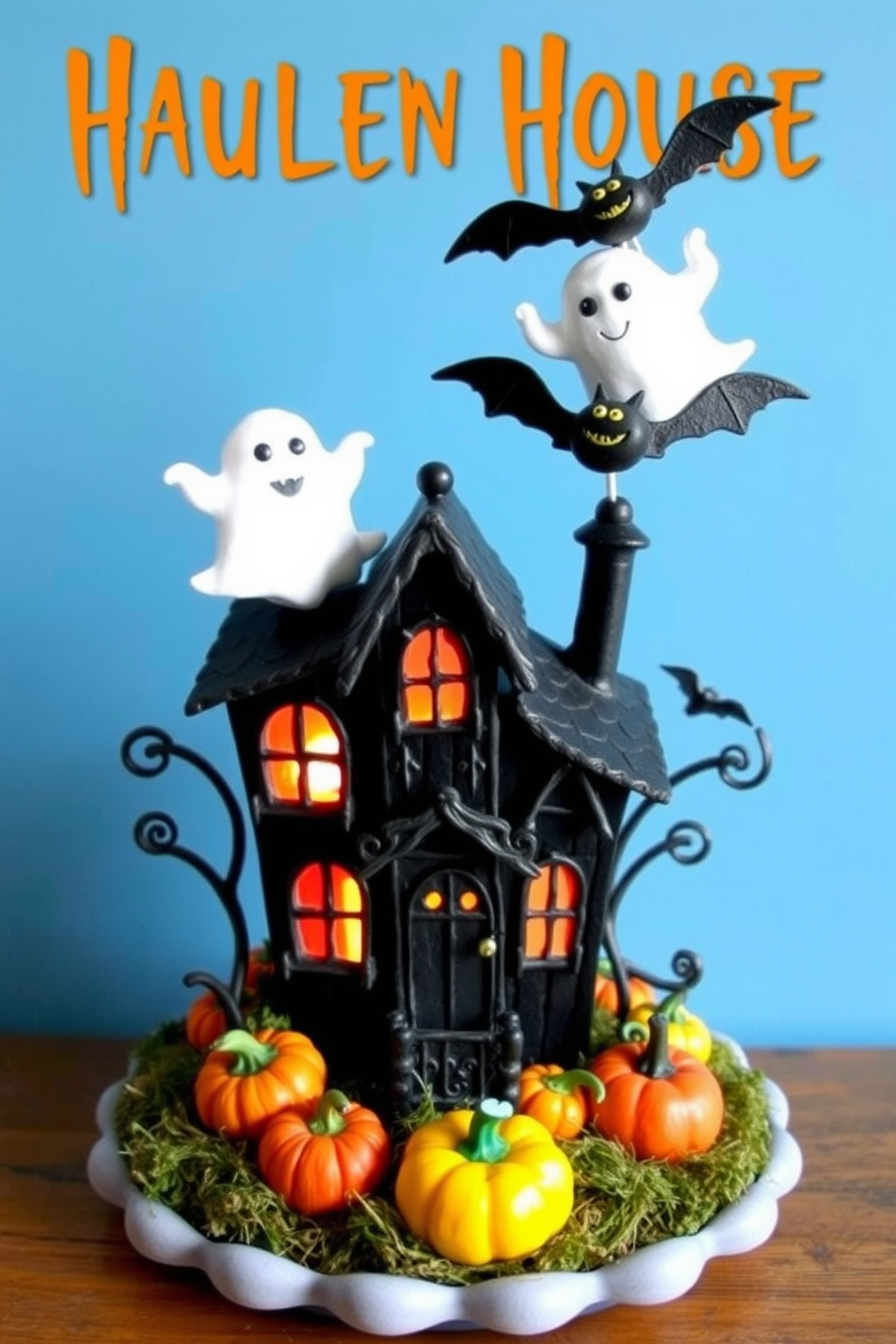 A whimsical miniature haunted house centerpiece designed for a Halloween nursery. The house features playful ghosts and friendly bats, with colorful pumpkins scattered around the base.