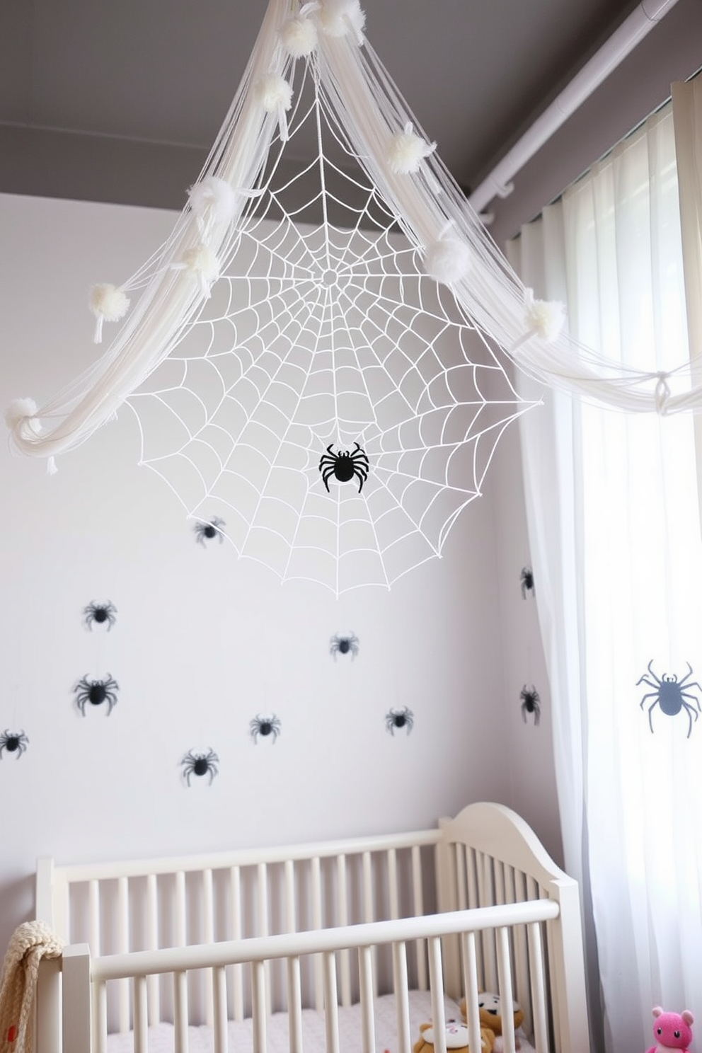 A whimsical spider web garland hangs from the ceiling, creating a playful atmosphere in the nursery. Soft pastel colors dominate the decor, with cute spider motifs adorning the walls and plush toys scattered around.