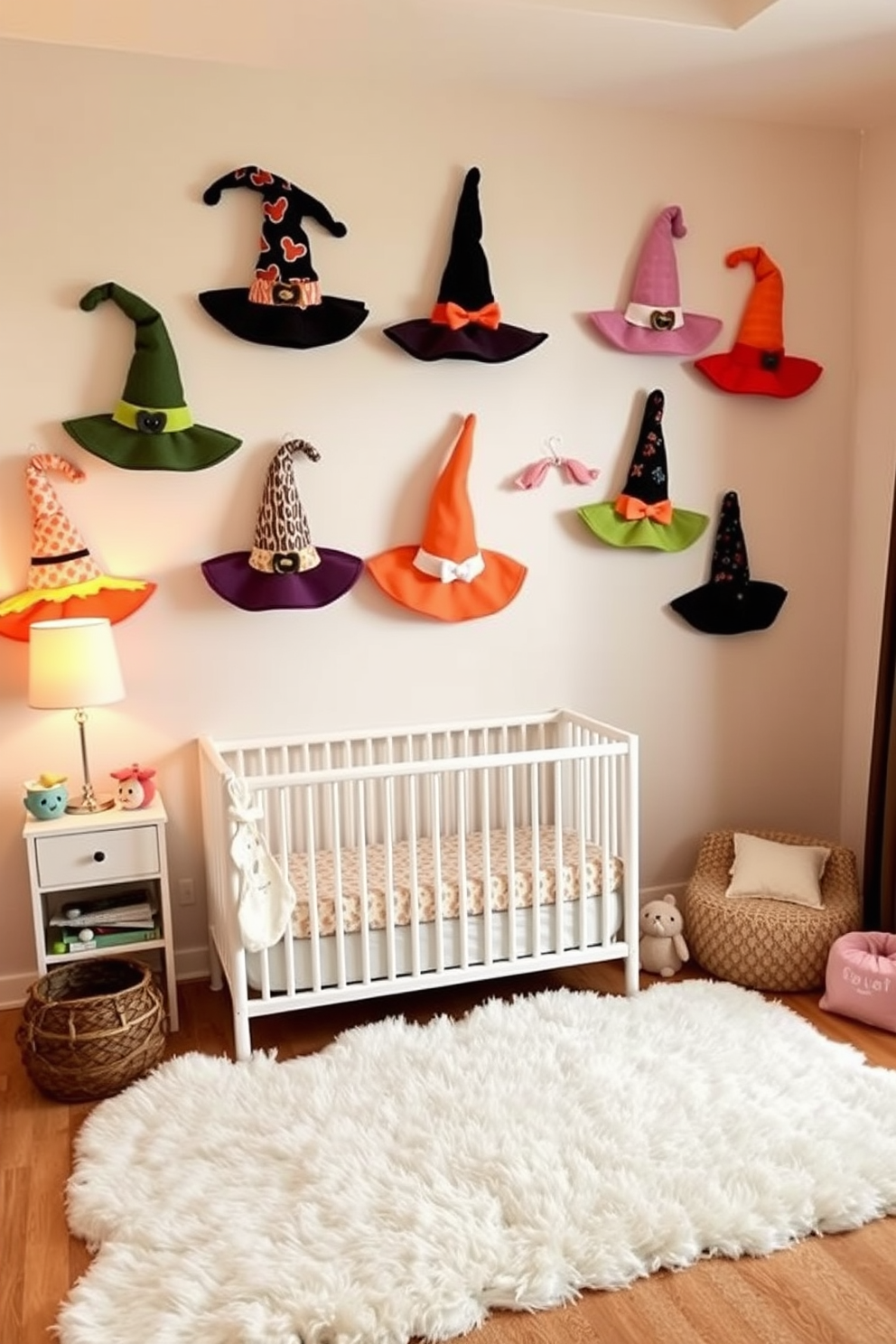 Charming witch hat wall art adorns the nursery walls, creating a whimsical atmosphere perfect for Halloween. The hats are crafted from various fabrics in vibrant colors, each uniquely designed to add a playful touch to the decor. Soft, pastel-colored accents complement the art, making the space feel inviting and cozy. A plush rug in the center of the room ties the theme together, providing a comfortable area for play and imagination.