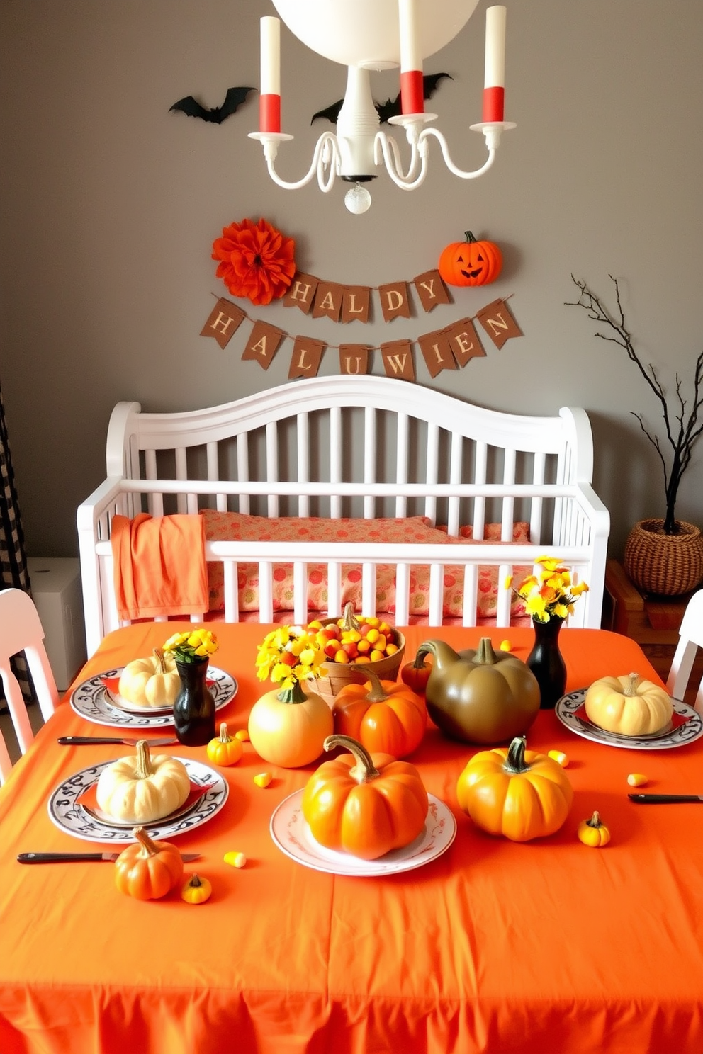 A whimsical Halloween nursery decorated with festive candy corn table decor. The table is adorned with a vibrant orange tablecloth, featuring playful candy corn centerpieces and colorful pumpkins scattered throughout.