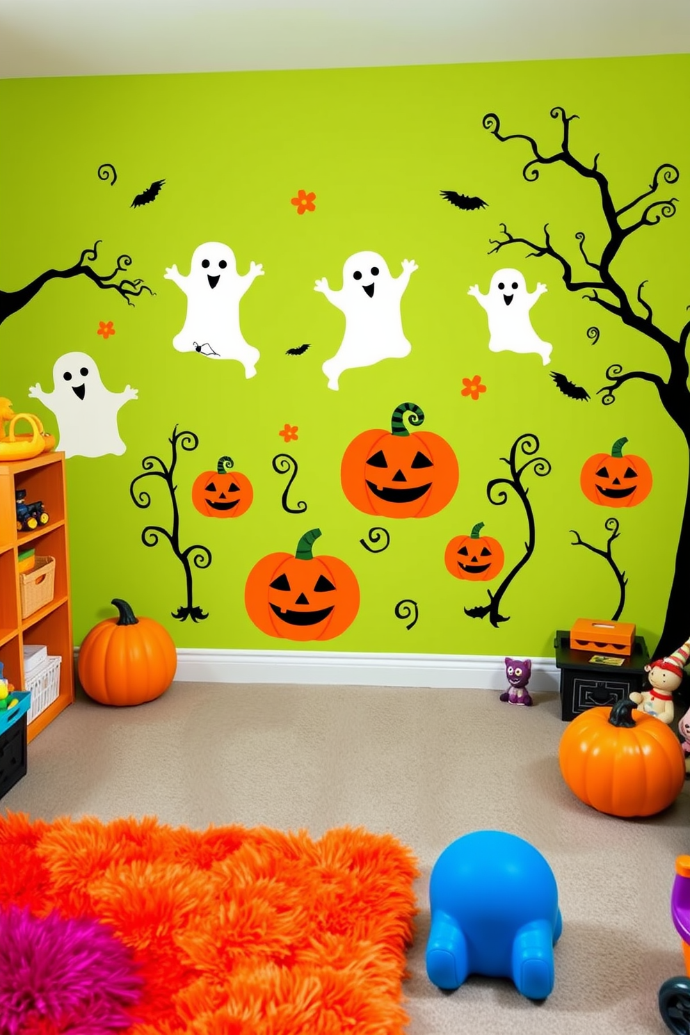 Spooky wall decals featuring friendly ghosts and playful pumpkins adorn the walls, creating a fun and whimsical atmosphere. Bright colors and playful designs invite children to enjoy a festive Halloween-themed playroom. Soft, plush rugs in vibrant shades of orange and purple cover the floor, providing a cozy space for play. A collection of Halloween-themed toys and decorations enhances the playful spirit, making the room a perfect spot for imaginative adventures.