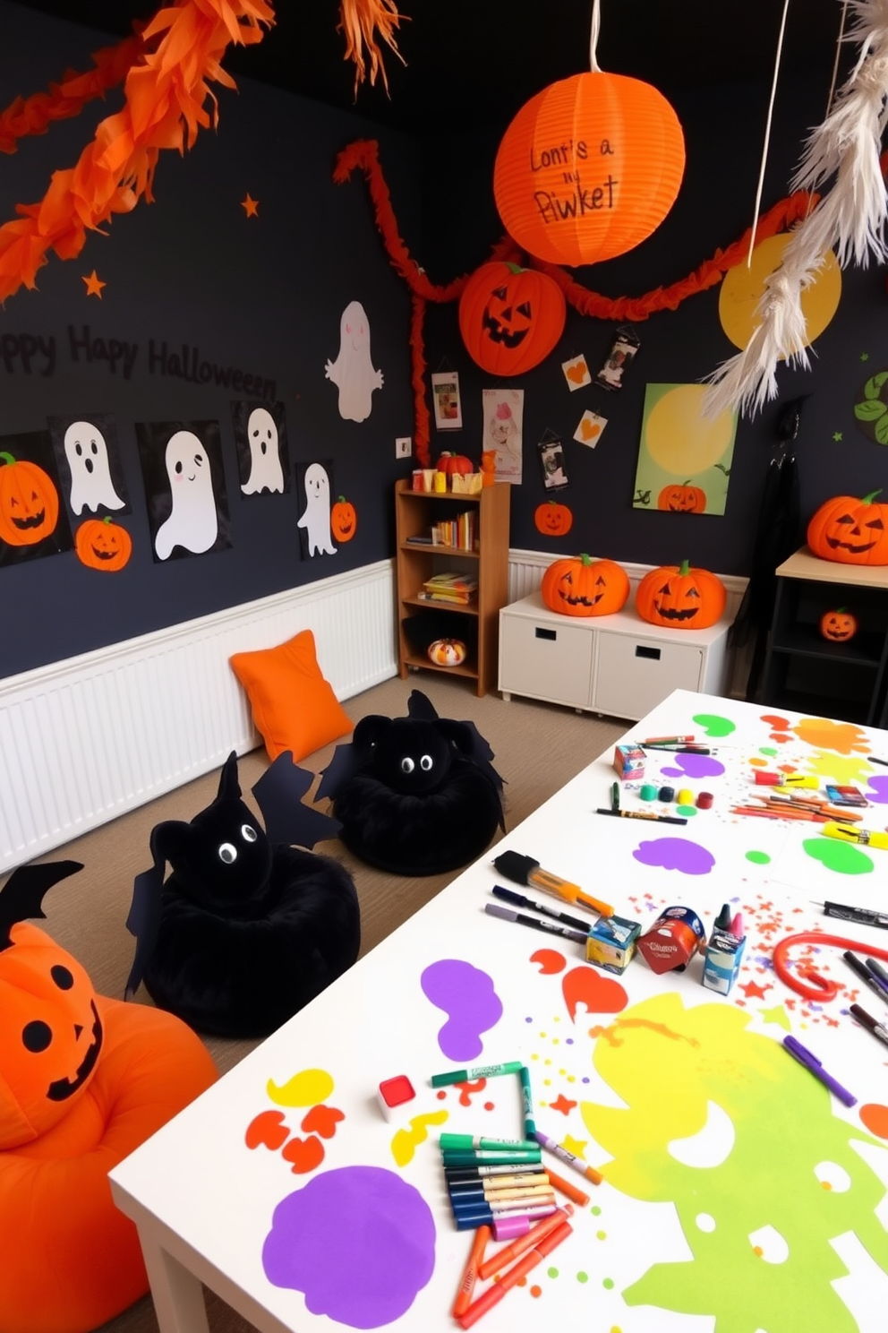 A whimsical Halloween-themed playroom filled with vibrant decorations. There's a large table covered with art supplies like paints, markers, and colored paper, all in spooky colors like orange, black, and purple. The walls are adorned with playful Halloween artwork, including friendly ghosts and pumpkins. Soft, plush seating in the shape of bats and witches adds a fun touch, inviting children to unleash their creativity.