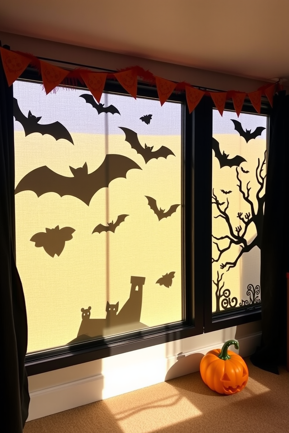 Create a whimsical Halloween playroom adorned with playful decorations. The windows feature bat silhouettes that cast intriguing shadows, enhancing the festive atmosphere.