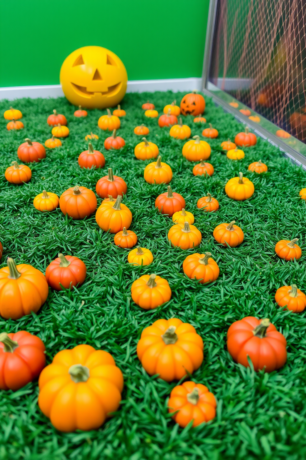 A whimsical play area featuring a miniature pumpkin patch. Colorful pumpkins of various sizes are scattered across a soft, grassy carpet, creating a festive atmosphere for Halloween.