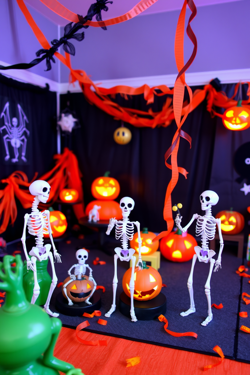 Create a whimsical Halloween playroom filled with playful skeleton figurines that add a fun and spooky atmosphere. Incorporate colorful decorations such as orange and black streamers, along with glowing jack-o-lanterns to enhance the festive feel.