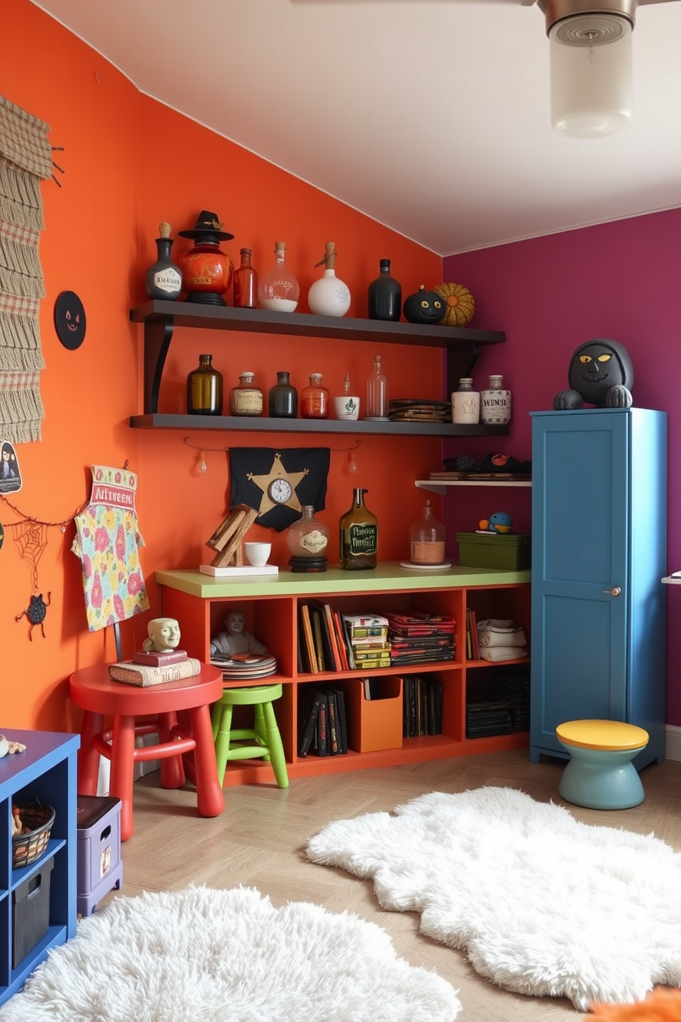 A whimsical playroom filled with colorful furniture and playful decor. On a shelf, mysterious potion jars in various shapes and sizes serve as unique accent pieces, adding a touch of Halloween magic to the space. The walls are painted in vibrant hues, creating an inviting atmosphere for children. Soft, plush rugs cover the floor, providing a cozy area for imaginative play and exploration.