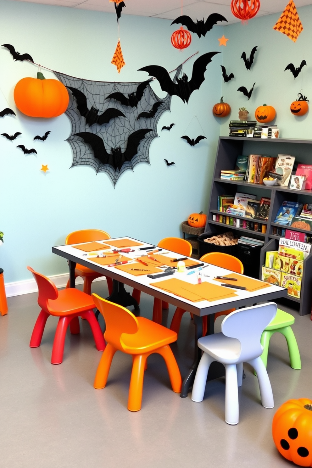 A vibrant seasonal crafts station designed for kids to engage in Halloween activities. The space features a large table covered with colorful craft supplies, including orange and black paper, glue, scissors, and markers, surrounded by playful chairs in various shapes. The walls are adorned with spooky decorations like hanging bats and paper pumpkins, creating an inviting atmosphere. A cozy reading nook filled with Halloween-themed books sits in one corner, encouraging creativity and exploration among the children.