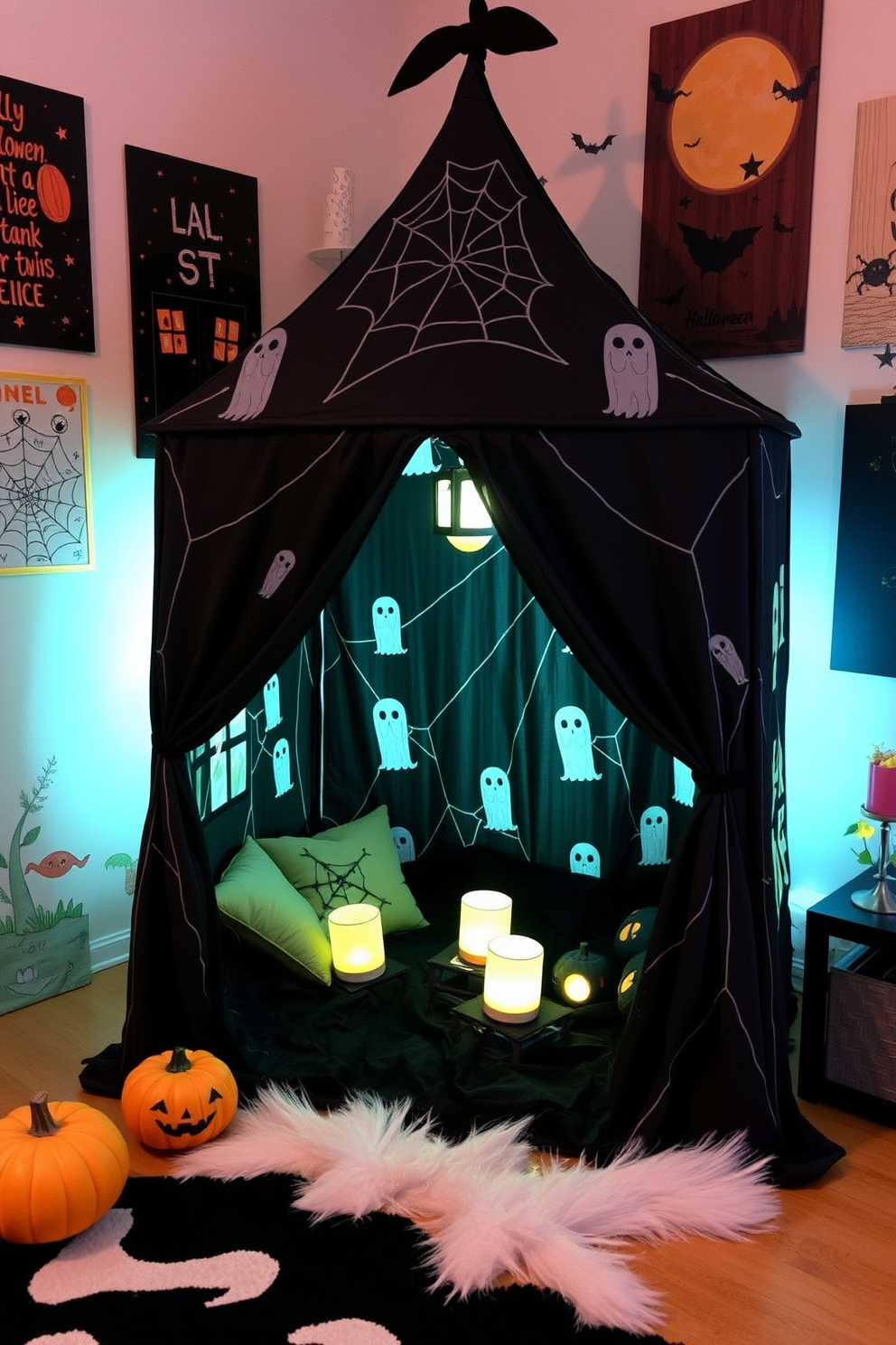 A spooky haunted house play tent designed for imaginative play. The tent features dark fabric with ghostly patterns and a cobweb design, creating an eerie atmosphere perfect for Halloween. Inside, the play tent is filled with soft cushions and glowing lanterns to enhance the adventurous spirit. Surrounding the tent, the playroom is decorated with playful Halloween-themed artwork and whimsical decorations to inspire creativity.